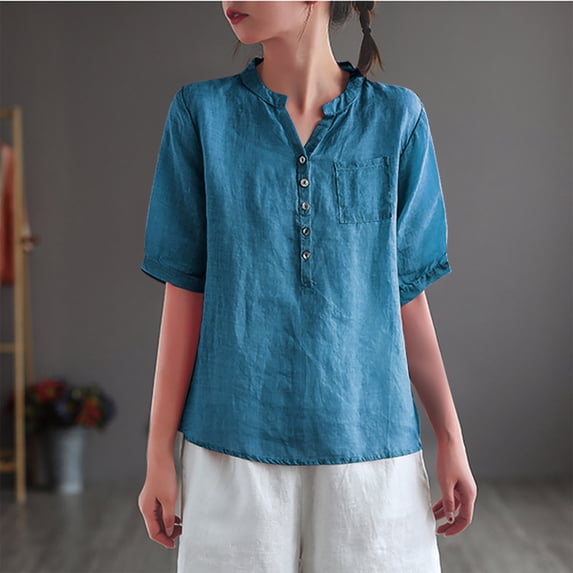 Mceream Women Linen Shirts and Blouses Summer Short Sleeve Button Down Shirts V Neck Blouses Loose Fit Casual Business Work Office Clothes Cute Tees Outfits Blouse Blue XL