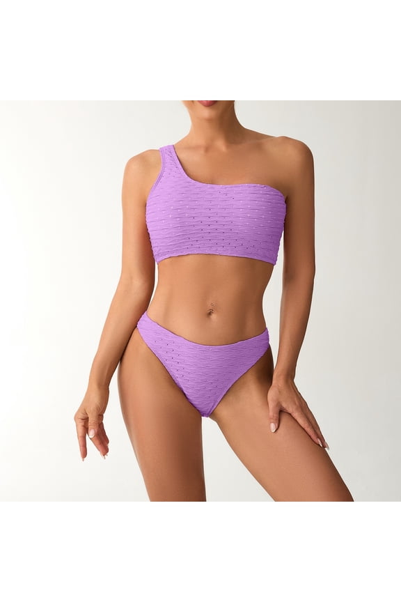 Women Solid Color Lace-Up Split Swimsuit Bikini Beach Hot Spring Two-Piece Swimsuit Suit Purple XL