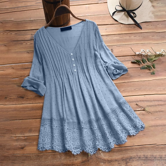 Mceream Women's Cotton Linen Short Sleeve Tunic Shirts Plus Size Casual Blouses Summer Beach Vacation Outfits Sky Blue XL