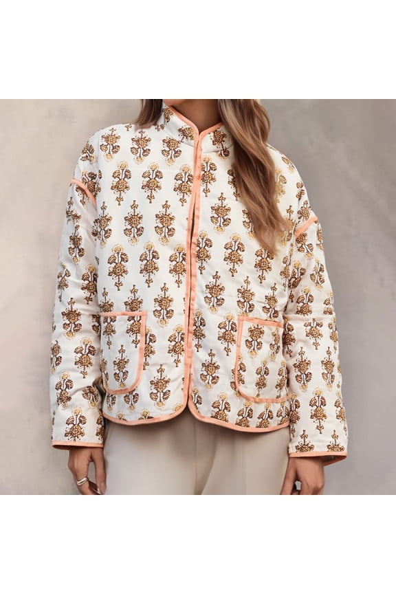 Women's Cropped Puffer Quilted Jacket Coat 2025 Vintage Floral Print Patchwork Cardigan Coat Open Front Lightweight Short Jacket Winter Warm Outwear Abrigos Elegantes Para Mujer Yellow XS