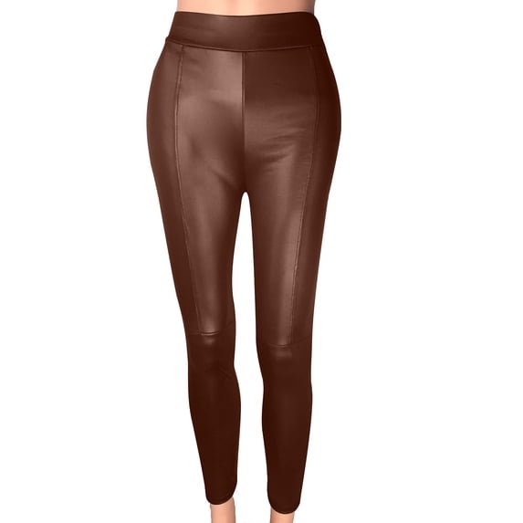 Mceream Women's Faux Leather Leggings Tummy Control High Waisted Yoga Pants Stretchy Elastic Butt Lifting Slim Fit Tights Party Clubwear Plus Size Coffee S