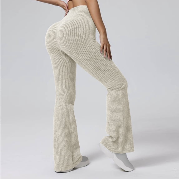 Mceream Women's Flare Leggings Tummy Control Ribbed Knit Bootcut High Waisted Yoga Pants Stretch Soft Butt Lifting Workout Pants Beige S