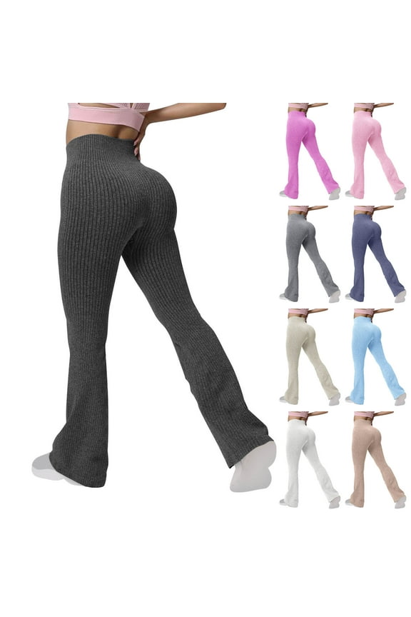 Women's Flare Leggings Tummy Control Ribbed Knit Bootcut High Waisted Yoga Pants Stretch Soft Butt Lifting Workout Pants Dark Gray L