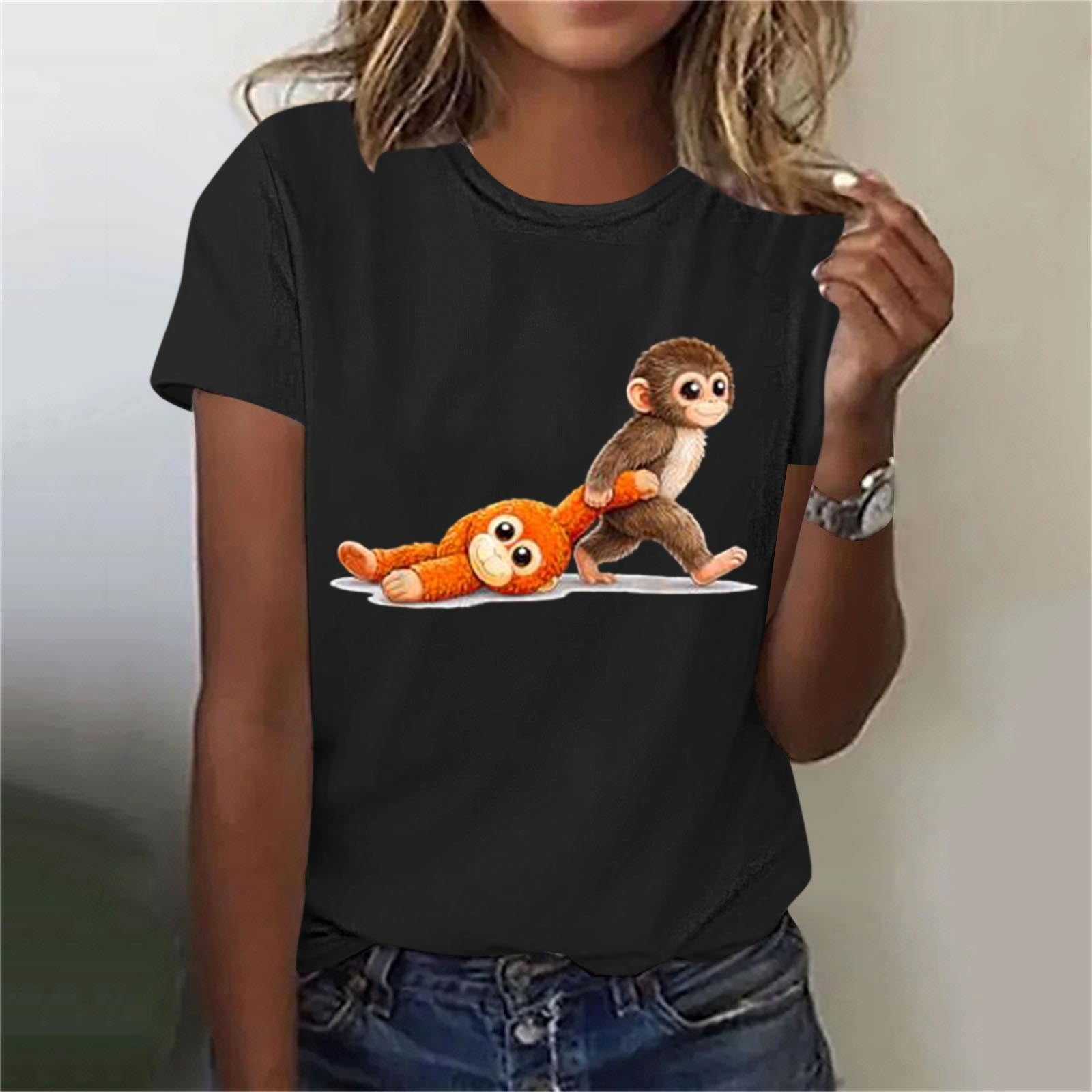 Mceream Women's Funny "Punch" Monkey Cute Graphic Crewneck Short Sleeve ...