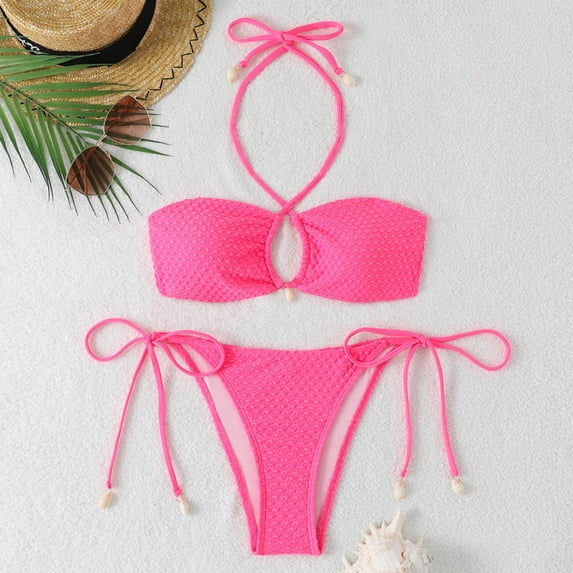 Mceream Women's High Waisted Drawstring Adjustment Bikinis Gathering Swimsuit Split Set Hot Pink M