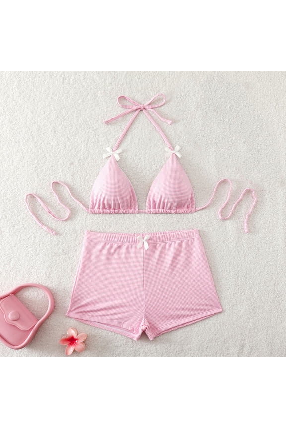 Women's High Waisted Drawstring Adjustment Bikinis Gathering Swimsuit Split Set Pink S