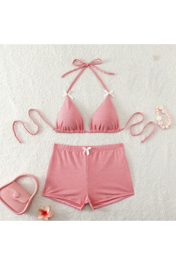 Women's High Waisted Drawstring Adjustment Bikinis Gathering Swimsuit Split Set Red S