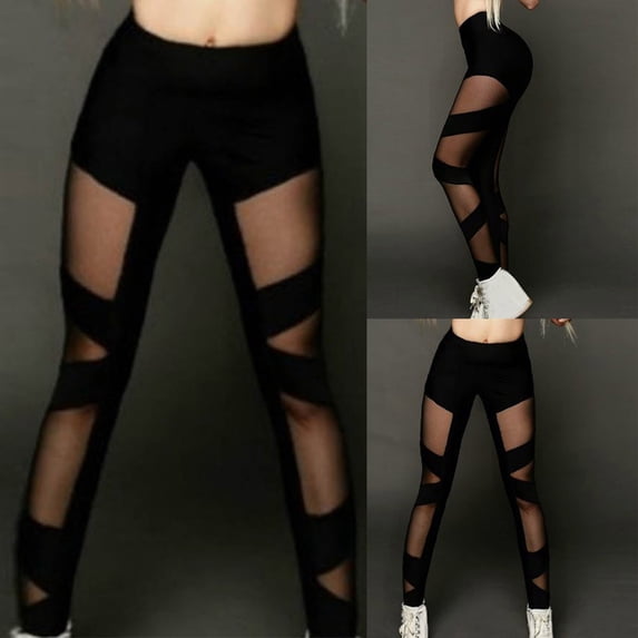 Mceream Women's Leggings Tummy Control Mesh Panel Crossover Sports Pants High Waist Stretch Sport Yoga Pants Leggings See-Through Sweatpants Black XL