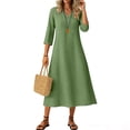 thumbnail image 1 of Maqroz Women's Linen Cotton Long Dresses 3/4 Sleeve V Neck Boho Beach Vacation Dress Zipper Pocket Summer A Line Loose Sundress Clothes Vestidos Manga Larga Elegantes Green XXL, 1 of 9