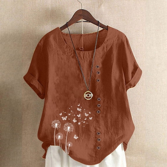 Mceream Women's Linen Tops, Tees & Blouses Cotton Summer Short Sleeve Tunic Shirts Button Crewneck Blouses Comfy Boho Floral Print Clothes Plus Size Brown S