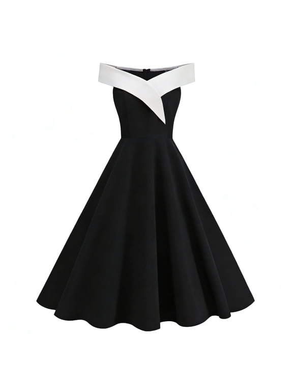 Women's Off-The-Shoulder Retro Swing Dress, Fit-and-Flare Silhouette, Structured Fabric for 1950S Party, Cocktail, Prom, Wedding Black L