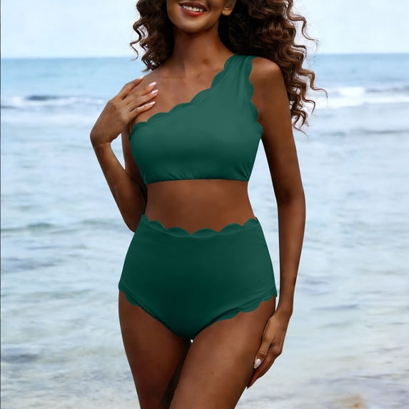 Mceream Women's One-Shoulder High-Waisted Two-Piece Swimsuit Set with Wavy Hem Green S