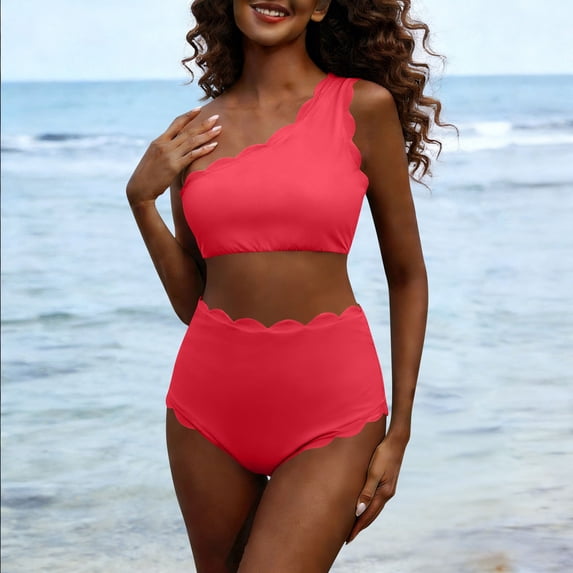 Mceream Women's One-Shoulder High-Waisted Two-Piece Swimsuit Set with Wavy Hem Red M