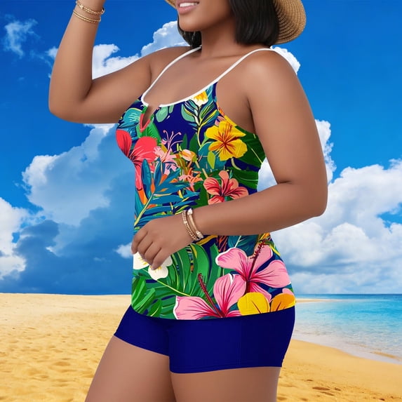 Mceream Women's Oversized Casual Solid Color Split Tank Top with Chest Cushion Swimsuit Set Blue XL