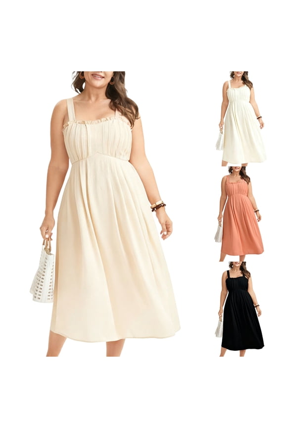 Women's Plus Size Spaghetti Strap Midi Dress, Smocked Waist Flowy A-Line Dress, Lightweight Cotton Blend for Casual, Beach, Vacation, Summer Beige XXL