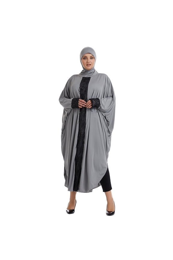 Women's Ramadan Dresses Hooded Robe Fashion Sequined Muslim Abaya Prayer Outfits Casual Long Sleeves Baggy Kaftan Dress Plus Size Gray XXXL