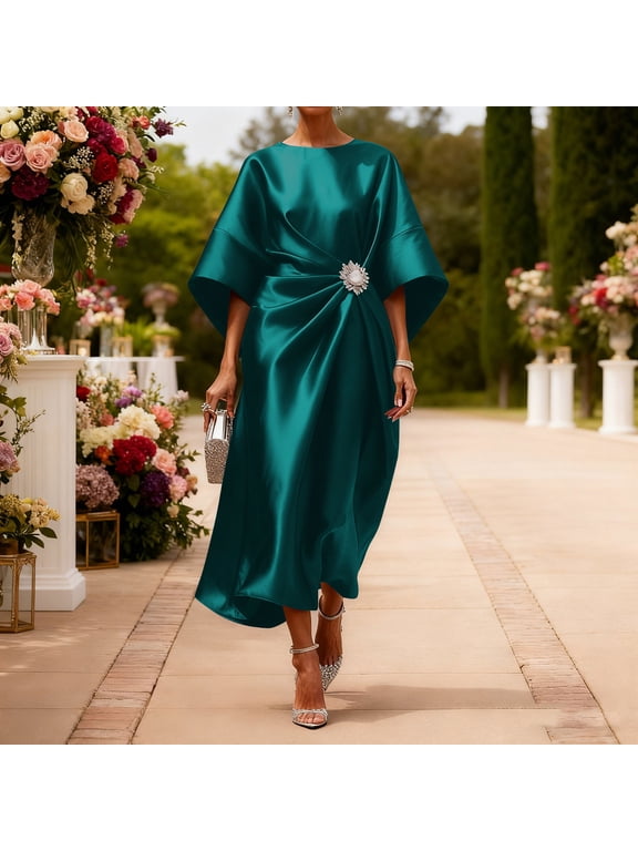 Women's Satin Batwing Sleeve Maxi Dress Crew Neck Ruched Waist Wedding Cocktail Party formal Evening Gown Plus Size Green XL