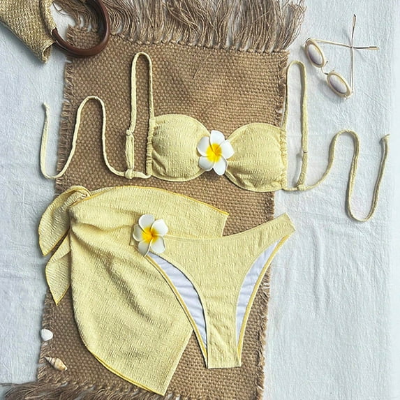 Mceream Women's Solid Color Two-Piece Bikini Set with Padded Bra Yellow M