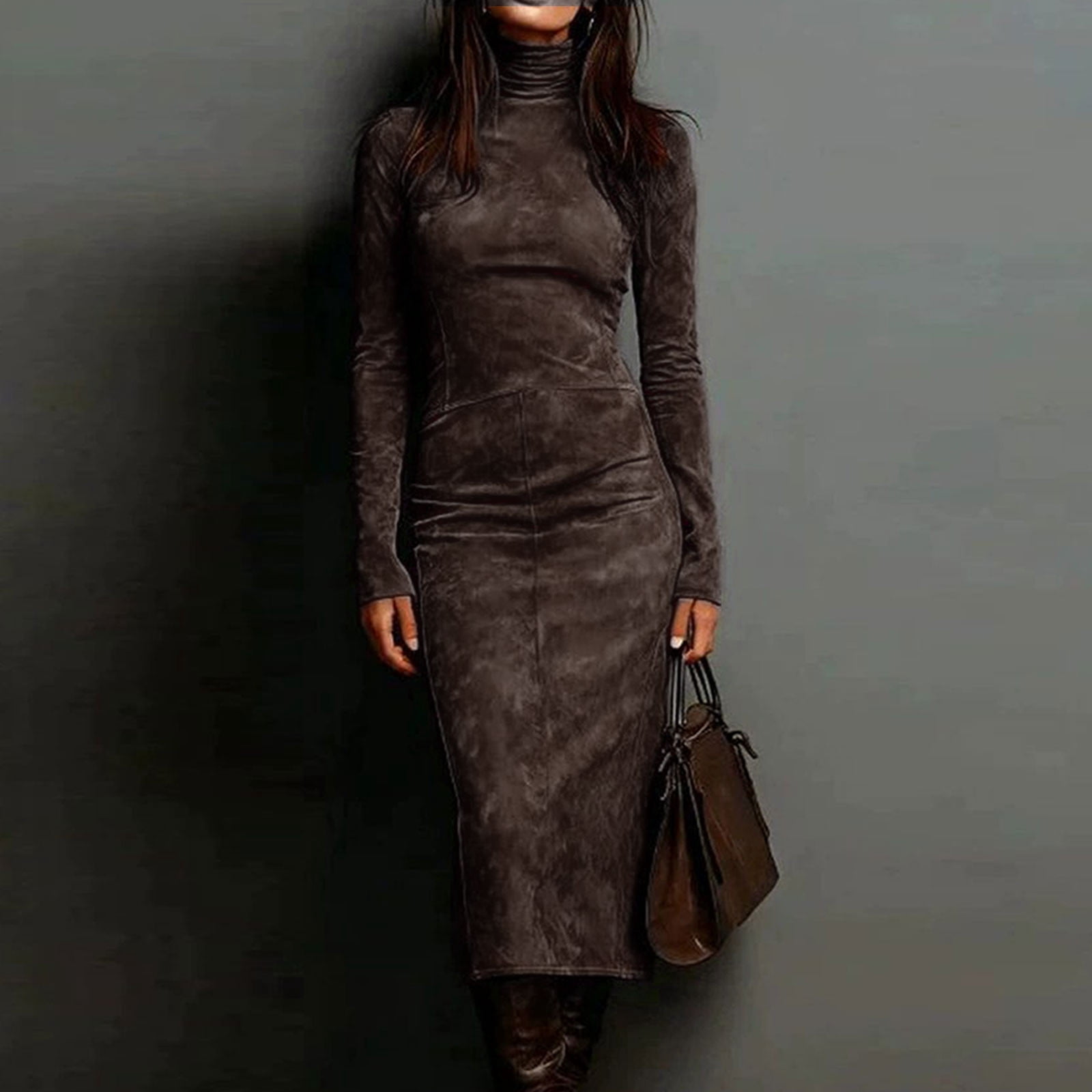 brown suede bodycon dress Mceream Women's Turtleneck Midi – Fitted Long Sleeve Dress In Camel, Gray & Brown, Soft Faux Suede Material, Stylish for Office, Date Night & Autumn Fashion Gray S hugging silhouette and soft collection: day-to-night-dresses Merlot Asymmetrical Pleated Maxi Größe:Größe 2