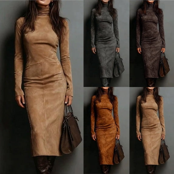 Mceream Women's Suede Turtleneck Midi Dress – Fitted Long Sleeve Bodycon Dress In Camel, Gray & Brown, Soft Faux Suede Material, Stylish for Office, Date Night & Autumn Fashion Khaki S