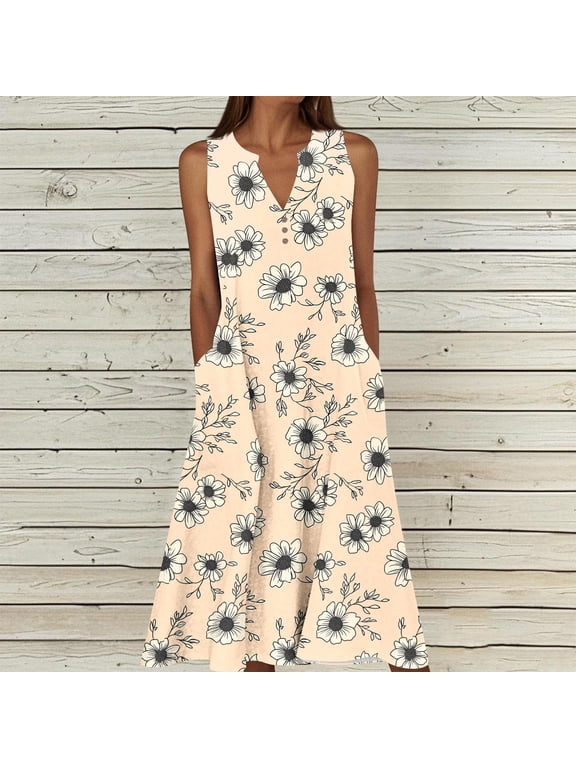 Women's Summer Dresses Casual Floral V Neck Sleeveless Maxi Dresses Front Button Summer Vacation Daily Sundress with Pockets Plus Size Loose Beach Tank Dress Multicolor XXXXL