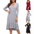 thumbnail image 1 of Mceream Women's V-Neck Wrap Dress with Ruffled Hem, Long Sleeve, Stretchy Knit Fabric for Office, Wedding Guest, Party, Evening Gray XL, 1 of 6