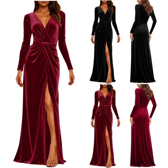 Maqroz Women's Velvet Long Sleeve Maxi Dress Fashion V Neck Ruched Waist Side Split formal Evening Dress Wedding Guest Dresses formal Gowns Red M