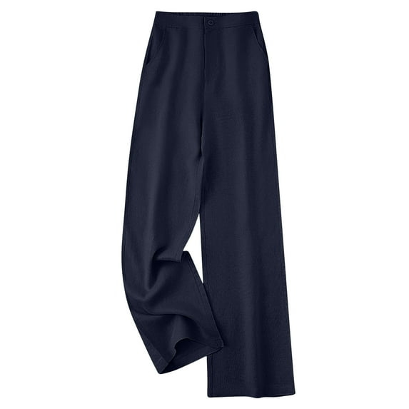 Mceream Women's Wide Leg Linen Pants Breathable Summer Boho Casual Elastic High Waist Long Lounge Travel Pants Trousers with Pockets Loose Fit Going Out Pants Navy M