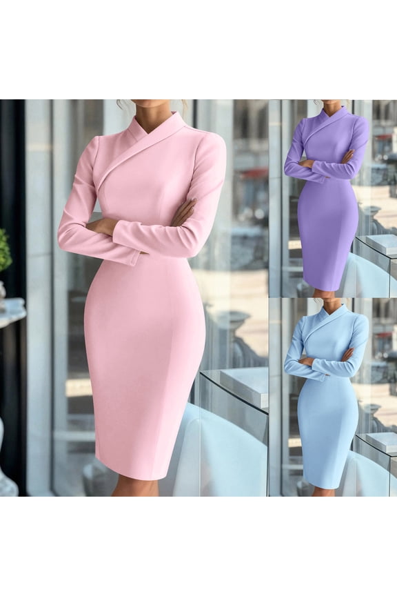 Women's Wrap Style Bodycon Dress – Long Sleeve Sheath Dress with High Neck & Elegant Cutout, Perfect for Office, Wedding Guest & Evening Outings Pink XL