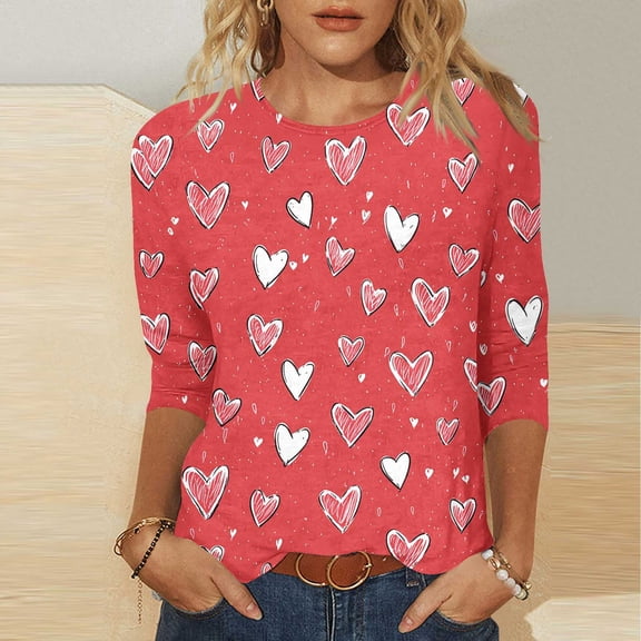 Mceream Womens 3/4 Sleeve Crew Neck T-Shirts Causal Dressy Oversized Valentina's Day Spring Shirts Love Heart Raglan Tops Tunic Top Loose Fit Graphic Tee Plus Size Blusas De Corazones Para Mujer
