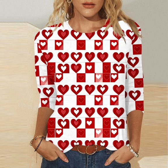 Mceream Womens 3/4 Sleeve Crew Neck T-Shirts Causal Dressy Oversized Valentina's Day Spring Shirts Love Heart Raglan Tops Tunic Top Loose Fit Graphic Tee Plus Size Camisas De San Valentin Mujer Red L