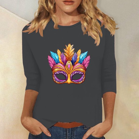 Mceream Womens 3/4 Sleeve Mardi Gras Shirts Plus Size Carnival Mask Graphic Tee Tops Crewneck Party Tunic Tops Casual Fashion Graphic Blouses 2026 Holiday Party Outfits Gray M