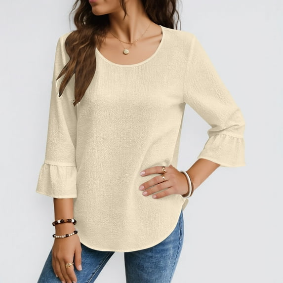 Mceream Womens Bell Sleeve Tops and Blouses 3/4 Sleeve Cotton Linen Ruffle Crewneck Shirts Fashion Casual Loose Fit Tunic Blouses Plus Size Outfits Clothes Beige XL
