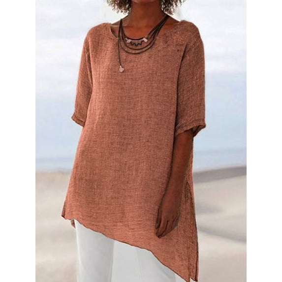 Mceream Womens Cotton Linen Tunic Tops Plus Size Summer Trendy Short Sleeve Blouses Crewneck Gauzy T Shirts Trendy Beach Outfits Brown L