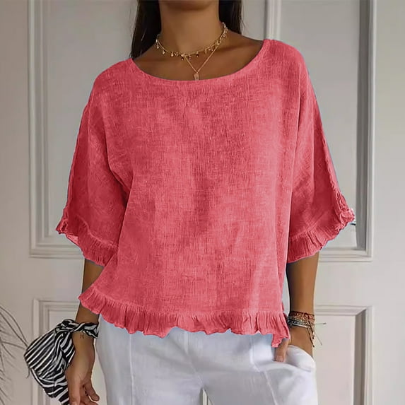 Mceream Womens Cotton Tops Summer 3/4 Sleeve Crew Neck Shirts Blouses Flowy Business Work Blouses Tunic Tops Baggy Loose Fit Pullover Summer Outfits Watermelon Red M