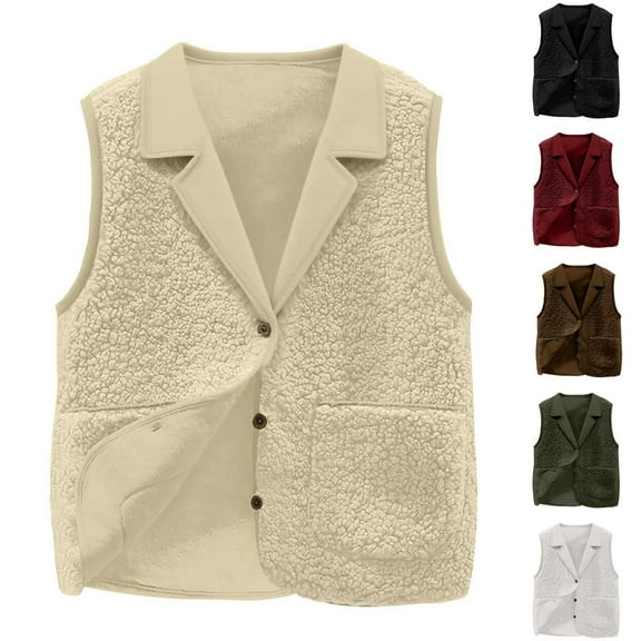 Mceream Womens Fleece Sherpa Vest Lightweight Casual Warm Fuzzy Faux Shearling Vest Button Down Sleeveless Jacket Vest with Pockets Plus Size Waistcoat Teddy Coat Gilet Winter Warm Outwear Beige XXL