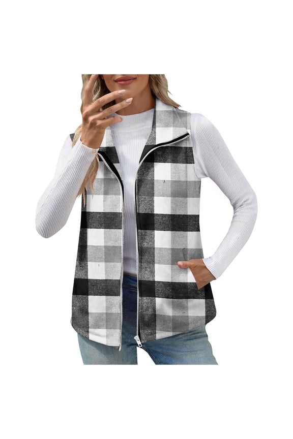 Womens Fuzzy Sherpa Fleece Jacket Vest Plaid Lapel Lightweight Vest Zip up Cozy Sleeveless Cardigan Warm Fluffy Waistcoat Outerwear with Pockets Loose Fit Outerwear Vests Tops Plus Size XXL