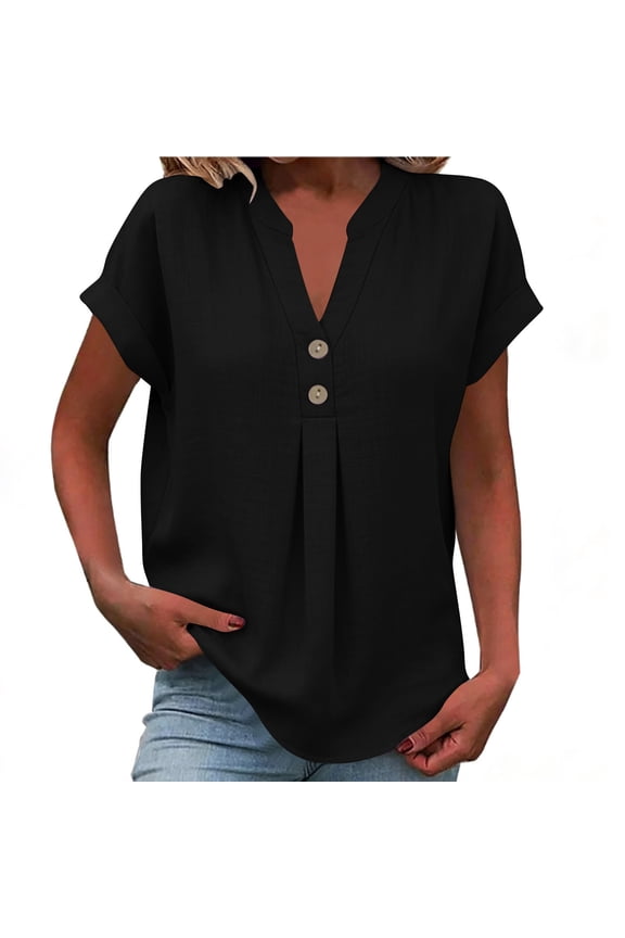 Womens Linen Cotton Button Down Shirts Dressy Casual Short Sleeve Henley Tops Summer Trendy Tee Shirts 2026 Vacation Fashion Clothes Black XXL