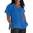 thumbnail image 1 of Mceream Womens Linen Shirt Short Sleeve V Neck Cotton Summer Tops Side Casual Loose Oversized Blouses Plus Size Loose Fit Beach Clothes Blue XXXL, 1 of 6
