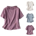 thumbnail image 1 of Mceream Womens Linen Shirts Short Sleeve Vintage Embroidered T-Shirt Summer Fashion Ruffle Crewneck Tops Casual Dressy Casual Vacation Clothes Purple XXL, 1 of 7