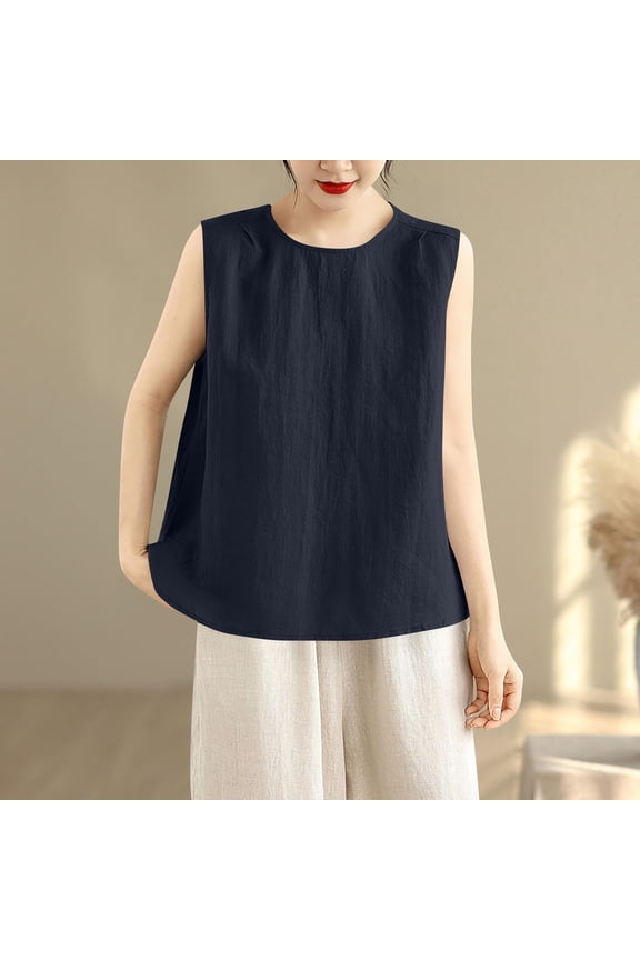 Womens Linen Tank Tops Loose Fit Crewneck Sleeveless Shirt Summer Cotton Comfy Lounge Wear Casual Blouse Plus Size Black M