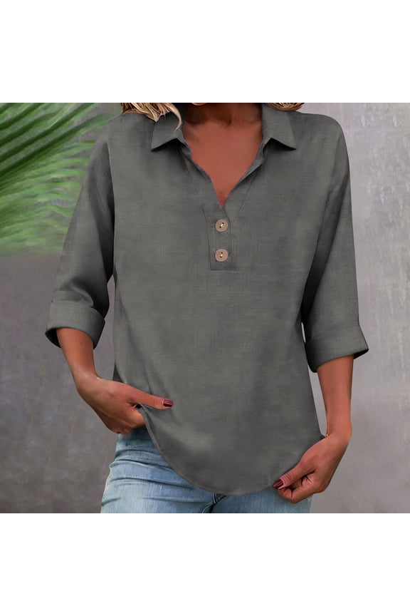 Womens Linen Tops Boho 3/4 Sleeve Summer Shirts - Button Down Collared V Neck Casual Blouse Loose Fit Tunic Tops Loose Vacation Beach Plus Size Clothes Camisa Lino Mujer Dark Gray XL