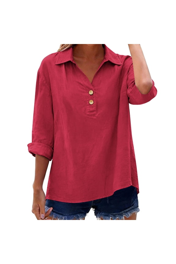 Womens Linen Tops Boho 3/4 Sleeve Summer Shirts - Button Down Collared V Neck Casual Blouse Loose Fit Tunic Tops Loose Vacation Beach Plus Size Clothes Camisa Lino Mujer Red XXXL