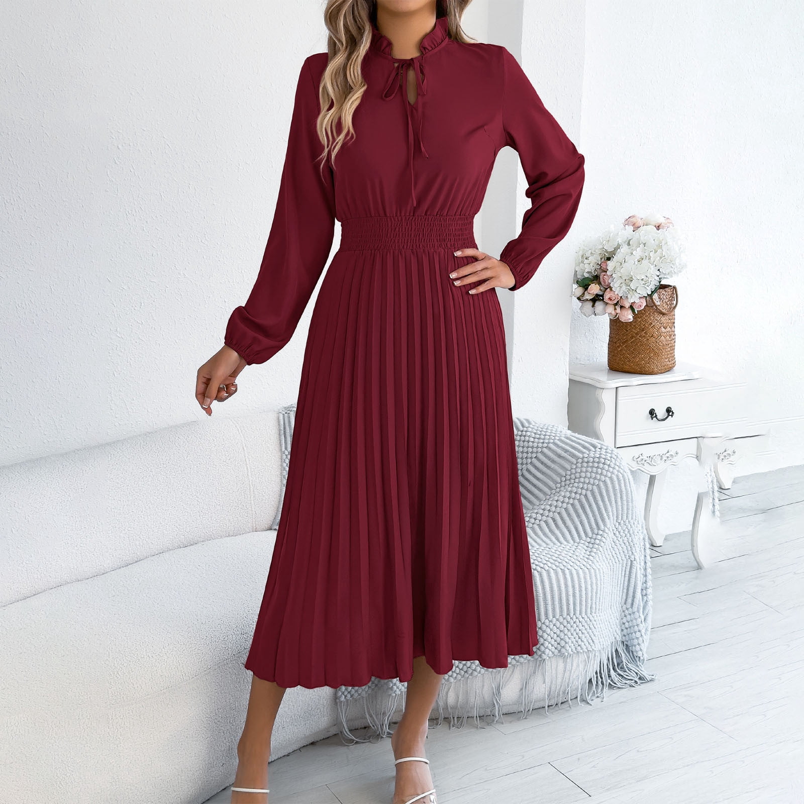 semi formal church dresses SHINFY Women's Long Sleeve Pleated Midi Dress – Mock Neck A-Line Flowy Dress With Belt semi formal dress for chubby ladies