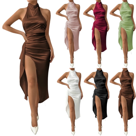 Mceream Womens Maxi Dress formal Plus Size Sleeveless Halter Ruched Side Slit Backless Elegant Long Dress for Party Wedding Cocktail Coffee XS