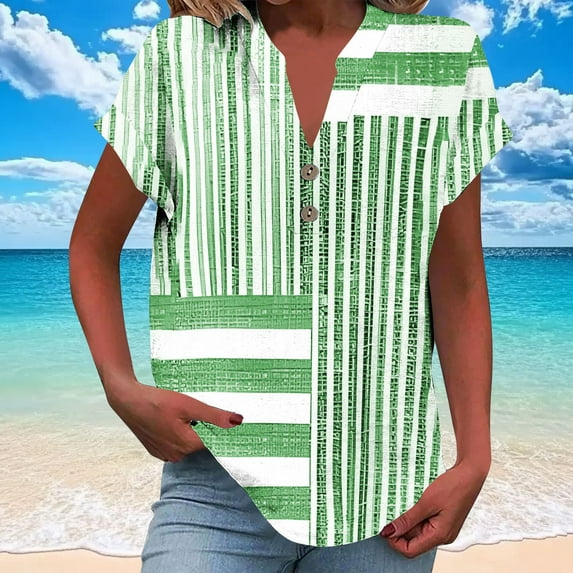 Mceream Womens Short Sleeve Henley Tops Cotton Loose Fit Linen V Neck Dressy Casual Blouses Striped Button Down Shirt Summer Outfits Vacation Fashion Clothes Green M