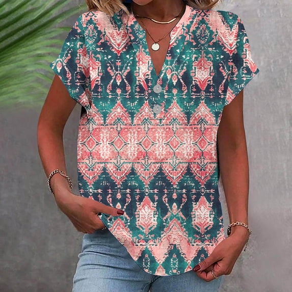 Mceream Womens Short Sleeve Henley Tops V Neck Print Tunic Tops Plus Size Cotton Linen Button Down Shirts Casual Loose Fit Blouses Summer Trendy Outfits Blue L