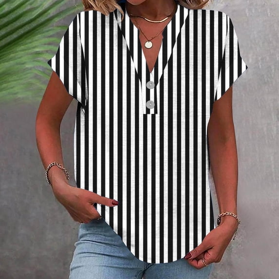 Mceream Womens Short Sleeve Henley Tops V Neck Striped Tunic Tops Plus Size Cotton Linen Button Down Shirts Casual Loose Fit Blouses Summer Trendy Outfits Black XXL