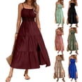 thumbnail image 1 of Maqroz Womens Spaghetti Strap Maxi Dresses Smocked 2026 Side Slit Summer Spring Casual Boho Beach Long Vacation Ruched Ruffle Flowy Sundress Wine S, 1 of 5