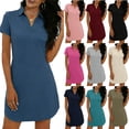 thumbnail image 1 of Maqroz Womens T Shirt Dresses Midi Length 2026 Casual Short Sleeve Lapel V Neck Mini Shift Dress Spring Summer Trendy Beach Vacation Clothes Dark Blue S, 1 of 5